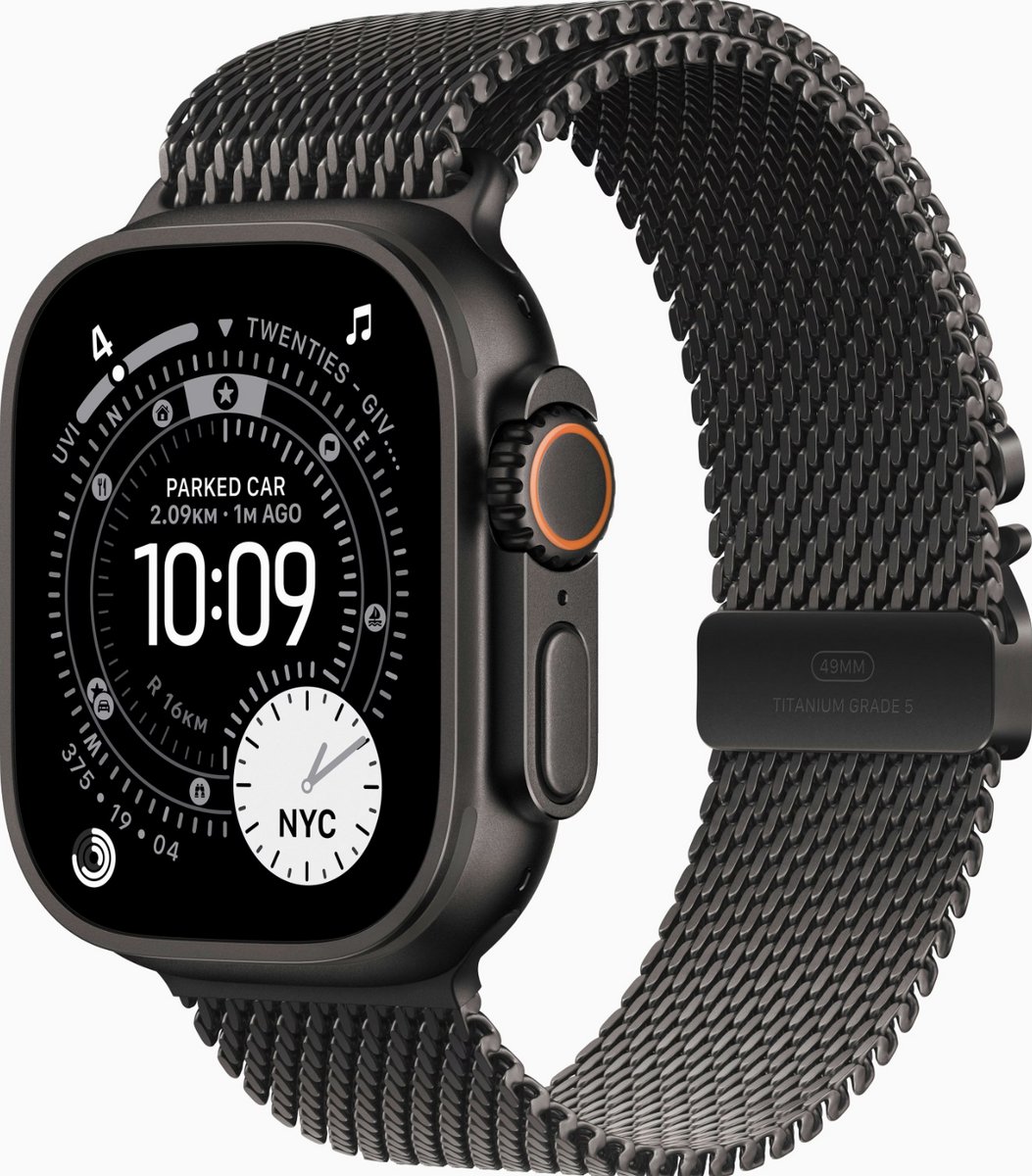 Apple Watch Ultra 3 (2024) - 49mm - Wi-Fi + 5G - Zwart Titanium - Milanese Loop - Zwart - Large