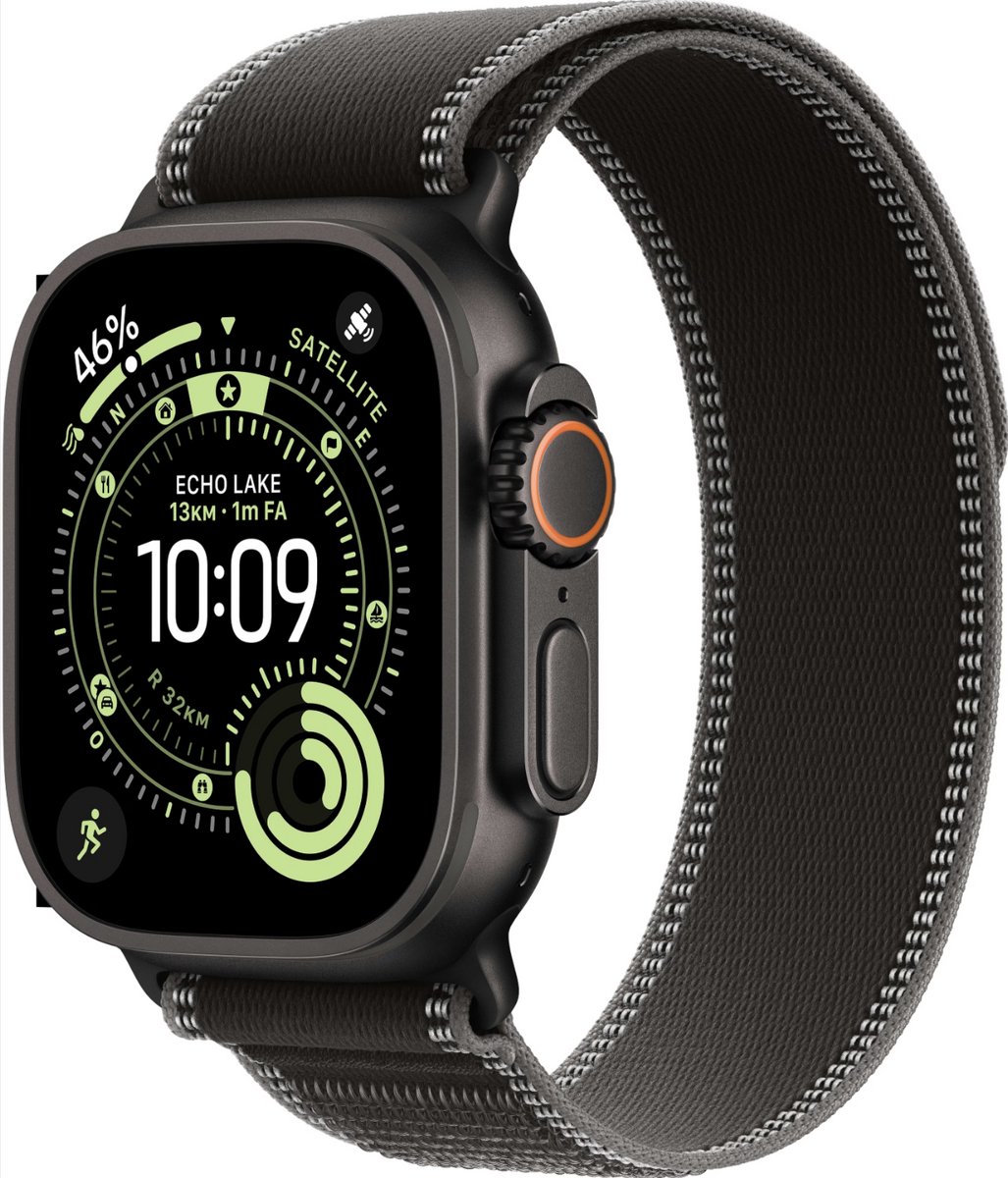 Apple Watch Ultra 3 (2024) - 49mm - Zwart Titanium - Wi-Fi + 5G - Black/Charcoal Trail Loop - S/M