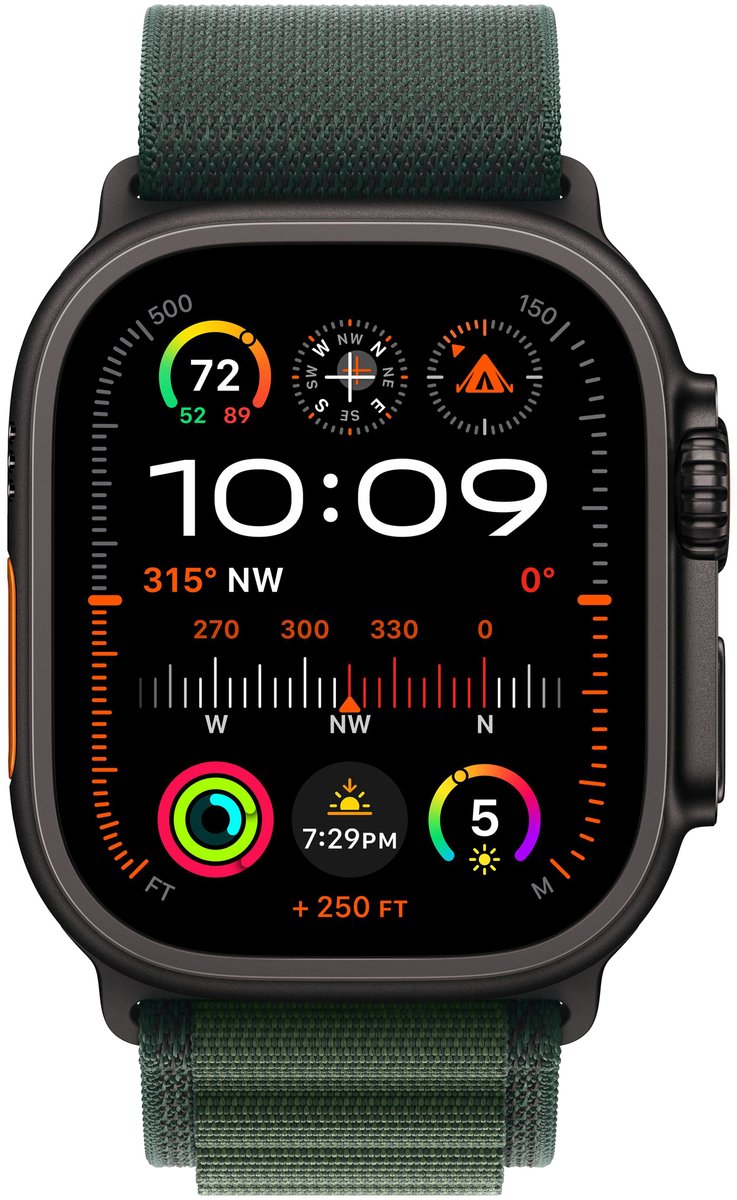 Apple Watch Ultra 2 (2024) - GPS + Cellular - 49mm - Zwart Titanium - Dark Green Alpine Loop - Medium